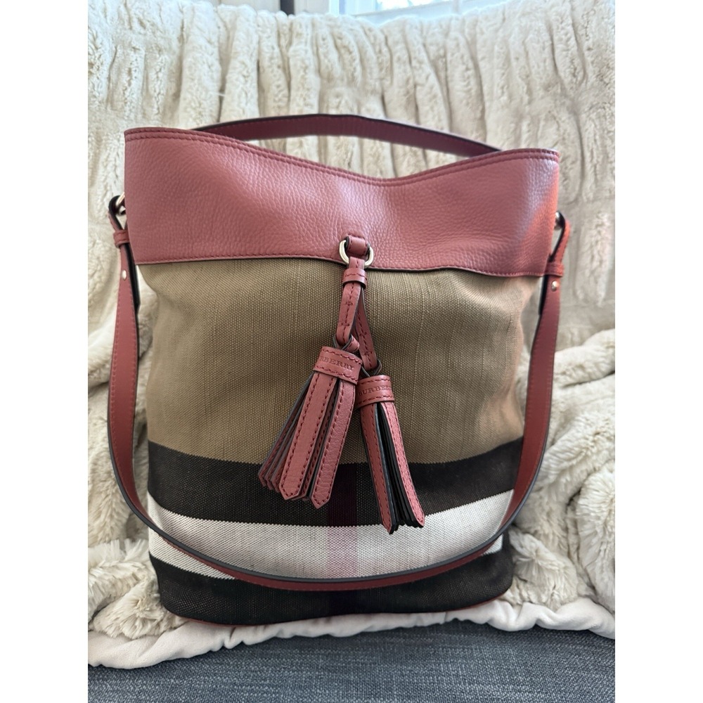 Burberry Grainy Calfskin Canvas Mega Check Medium Ashby Tassel Hobo Pink‎